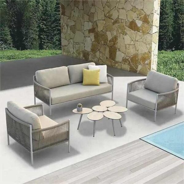 Outdoor garden sofa set bunai rope waterproof cushion frame iron 6 mm glass